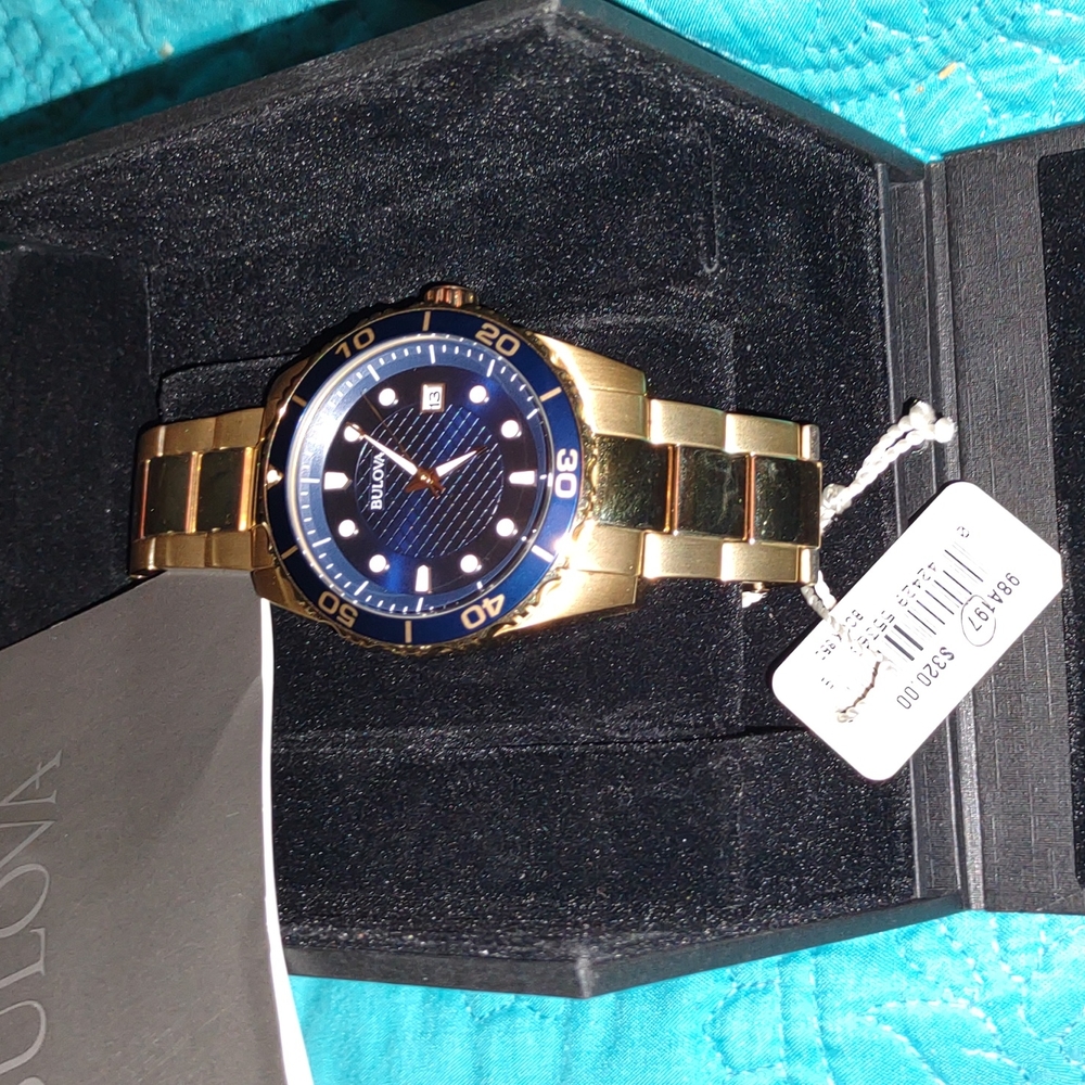 (SOLD)Bulova Men's Quartz Gold-Tone Date Indicator Blue Dial Watch 43mm 98A197 - Picture 12 of 12